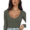 imageREORIA Womens Basic Sexy V Neck Double Lined Long Sleeve Slimming Going Out Thong Bodysuits TopsGrey Green