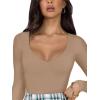 imageREORIA Womens Basic Sexy V Neck Double Lined Long Sleeve Slimming Going Out Thong Bodysuits TopsKhaki