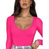 imageREORIA Womens Basic Sexy V Neck Double Lined Long Sleeve Slimming Going Out Thong Bodysuits TopsNeon Rose Red