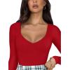 imageREORIA Womens Basic Sexy V Neck Double Lined Long Sleeve Slimming Going Out Thong Bodysuits TopsRed