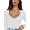 imageREORIA Womens Basic Sexy V Neck Double Lined Long Sleeve Slimming Going Out Thong Bodysuits TopsWhite