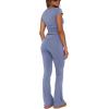 imageREORIA Womens Casual Outfits Soft Short Sleeve Crop Top Fold Over Flare Pants Y2K 2 Piece Pajama Lounge SetsBlue Nova