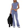 imageREORIA Womens Casual Outfits Soft Short Sleeve Crop Top Fold Over Flare Pants Y2K 2 Piece Pajama Lounge SetsBlue Nova