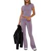 imageREORIA Womens Casual Outfits Soft Short Sleeve Crop Top Fold Over Flare Pants Y2K 2 Piece Pajama Lounge SetsHazy Lilac