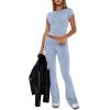 imageREORIA Womens Casual Outfits Soft Short Sleeve Crop Top Fold Over Flare Pants Y2K 2 Piece Pajama Lounge SetsLight Blue