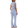 imageREORIA Womens Casual Outfits Soft Short Sleeve Crop Top Fold Over Flare Pants Y2K 2 Piece Pajama Lounge SetsLight Blue