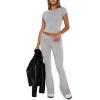 imageREORIA Womens Casual Outfits Soft Short Sleeve Crop Top Fold Over Flare Pants Y2K 2 Piece Pajama Lounge SetsLight Heather Grey