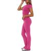 imageREORIA Womens Casual Outfits Soft Short Sleeve Crop Top Fold Over Flare Pants Y2K 2 Piece Pajama Lounge SetsRose Red