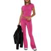 imageREORIA Womens Casual Outfits Soft Short Sleeve Crop Top Fold Over Flare Pants Y2K 2 Piece Pajama Lounge SetsRose Red