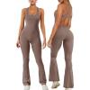 imageREORIA Women Trendy Summer Sexy Scoop Neck Sleeveless Backless Full Body Tummy Control Workout Bodycon Flare JumpsuitsTaupe