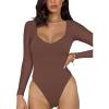 imageREORIA Womens Basic Sexy V Neck Double Lined Long Sleeve Slimming Going Out Thong Bodysuits TopsCoffee