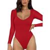 imageREORIA Womens Basic Sexy V Neck Double Lined Long Sleeve Slimming Going Out Thong Bodysuits TopsRed