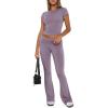 imageREORIA Womens Casual Outfits Soft Short Sleeve Crop Top Fold Over Flare Pants Y2K 2 Piece Pajama Lounge SetsHazy Lilac