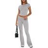 imageREORIA Womens Casual Outfits Soft Short Sleeve Crop Top Fold Over Flare Pants Y2K 2 Piece Pajama Lounge SetsLight Heather Grey