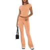 imageREORIA Womens Casual Outfits Soft Short Sleeve Crop Top Fold Over Flare Pants Y2K 2 Piece Pajama Lounge SetsPeach Fuzz