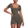 imageREORIA Womens Sexy Romper Scoop Neck Short Sleeve One Piece Workout Yoga Bodycon Short Casual JumpsuitGrey Green