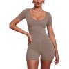 imageREORIA Womens Sexy Romper Scoop Neck Short Sleeve One Piece Workout Yoga Bodycon Short Casual JumpsuitTaupe