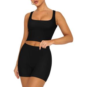 imageREORIA Matching Workout Sets for Women 2 Pieces Sleeveless Ribbed Crop Tank Mid Waist Shorts Lounge Yoga Outfits Active WearBlack