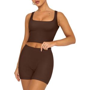 imageREORIA Matching Workout Sets for Women 2 Pieces Sleeveless Ribbed Crop Tank Mid Waist Shorts Lounge Yoga Outfits Active WearCoffee
