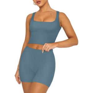imageREORIA Matching Workout Sets for Women 2 Pieces Sleeveless Ribbed Crop Tank Mid Waist Shorts Lounge Yoga Outfits Active WearKyanite