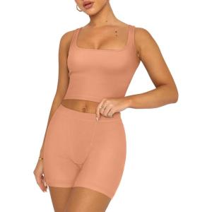 imageREORIA Matching Workout Sets for Women 2 Pieces Sleeveless Ribbed Crop Tank Mid Waist Shorts Lounge Yoga Outfits Active WearPeach Fuzz