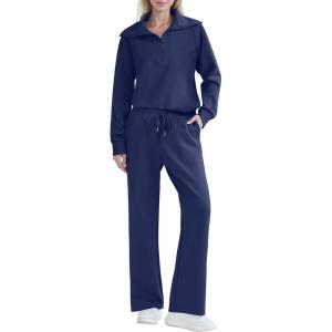 imageREORIA Women 2 Piece Outfits Fall Sweatsuit Oversized Sweatshirt Sweatpants Tracksuit Sweat Lounge Basic Matching Set 2024Dark Blue