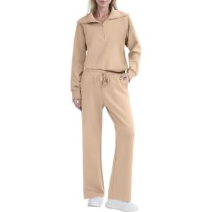 imageREORIA Women 2 Piece Outfits Fall Sweatsuit Oversized Sweatshirt Sweatpants Tracksuit Sweat Lounge Basic Matching Set 2024Khaki