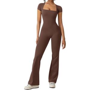 imageREORIA Women Sexy Square Neck Short Sleeve Bodycon Jumpsuit Full Length Stretchy One Piece Yoga Flare JumpsuitsCoffee