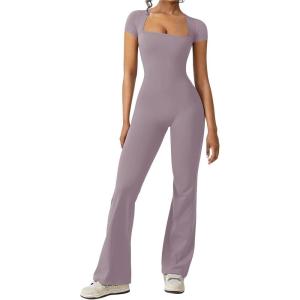 imageREORIA Women Sexy Square Neck Short Sleeve Bodycon Jumpsuit Full Length Stretchy One Piece Yoga Flare JumpsuitsHazy Lilac