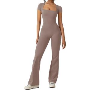 imageREORIA Women Sexy Square Neck Short Sleeve Bodycon Jumpsuit Full Length Stretchy One Piece Yoga Flare JumpsuitsTaupe