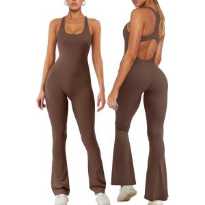 imageREORIA Women Trendy Summer Sexy Scoop Neck Sleeveless Backless Full Body Tummy Control Workout Bodycon Flare JumpsuitsCoffee