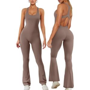 imageREORIA Women Trendy Summer Sexy Scoop Neck Sleeveless Backless Full Body Tummy Control Workout Bodycon Flare JumpsuitsTaupe