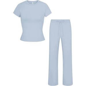 imageREORIA Womens 2 Piece Lounge Sets Short Sleeve Basic Tops Straight Leg Pants Comfy Casual Outfits TracksuitsLight Blue