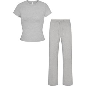 imageREORIA Womens 2 Piece Lounge Sets Short Sleeve Basic Tops Straight Leg Pants Comfy Casual Outfits TracksuitsLight Grey