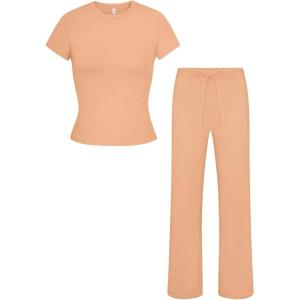 imageREORIA Womens 2 Piece Lounge Sets Short Sleeve Basic Tops Straight Leg Pants Comfy Casual Outfits TracksuitsPeach
