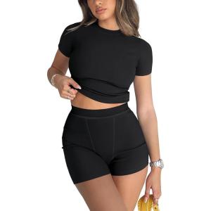 imageREORIA Womens 2 Piece Workout Sets Short Matching Casual Summer Outfits Slim Fitted Going Out Gym Yoga Athletic TracksuitsBlack