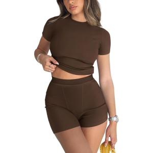 imageREORIA Womens 2 Piece Workout Sets Short Matching Casual Summer Outfits Slim Fitted Going Out Gym Yoga Athletic TracksuitsCoffee