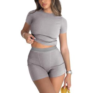 imageREORIA Womens 2 Piece Workout Sets Short Matching Casual Summer Outfits Slim Fitted Going Out Gym Yoga Athletic TracksuitsHeather Grey