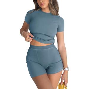imageREORIA Womens 2 Piece Workout Sets Short Matching Casual Summer Outfits Slim Fitted Going Out Gym Yoga Athletic TracksuitsKyanite