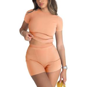 imageREORIA Womens 2 Piece Workout Sets Short Matching Casual Summer Outfits Slim Fitted Going Out Gym Yoga Athletic TracksuitsPeach Fuzz