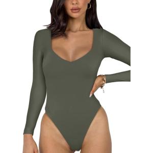 imageREORIA Womens Basic Sexy V Neck Double Lined Long Sleeve Slimming Going Out Thong Bodysuits TopsGrey Green