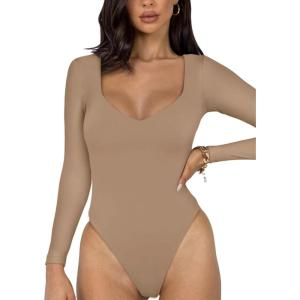 imageREORIA Womens Basic Sexy V Neck Double Lined Long Sleeve Slimming Going Out Thong Bodysuits TopsKhaki