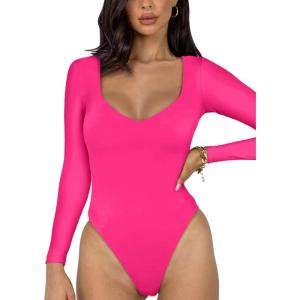 imageREORIA Womens Basic Sexy V Neck Double Lined Long Sleeve Slimming Going Out Thong Bodysuits TopsNeon Rose Red