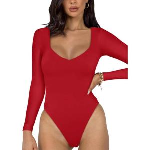 imageREORIA Womens Basic Sexy V Neck Double Lined Long Sleeve Slimming Going Out Thong Bodysuits TopsRed