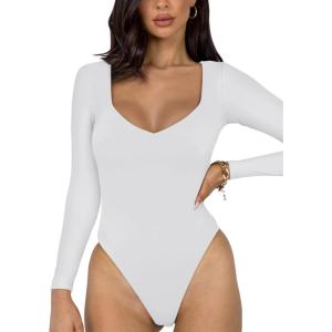 imageREORIA Womens Basic Sexy V Neck Double Lined Long Sleeve Slimming Going Out Thong Bodysuits TopsWhite