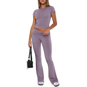 imageREORIA Womens Casual Outfits Soft Short Sleeve Crop Top Fold Over Flare Pants Y2K 2 Piece Pajama Lounge SetsHazy Lilac