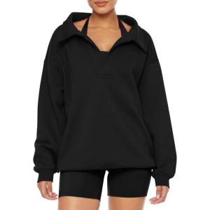imageREORIA Womens Oversized Sweatshirts Fleece V Neck Pullover Tops Casual Comfy Fall Trendy Clothes 2024Black