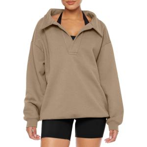 imageREORIA Womens Oversized Sweatshirts Fleece V Neck Pullover Tops Casual Comfy Fall Trendy Clothes 2024Khaki