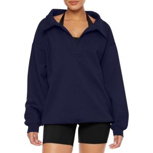 imageREORIA Womens Oversized Sweatshirts Fleece V Neck Pullover Tops Casual Comfy Fall Trendy Clothes 2024Navy Blue