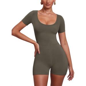 imageREORIA Womens Sexy Romper Scoop Neck Short Sleeve One Piece Workout Yoga Bodycon Short Casual JumpsuitGrey Green